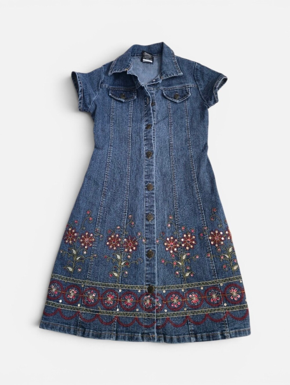 Speechless Kids Y2K Floral Embellished Button-Front Denim Prairie Boho Dress
